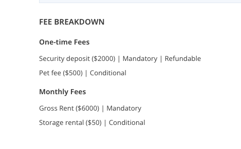 Fee Breakdown listing display example