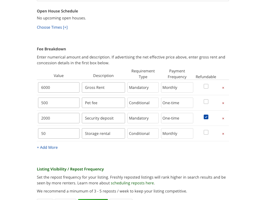 Fee Breakdown listing creation screenshot