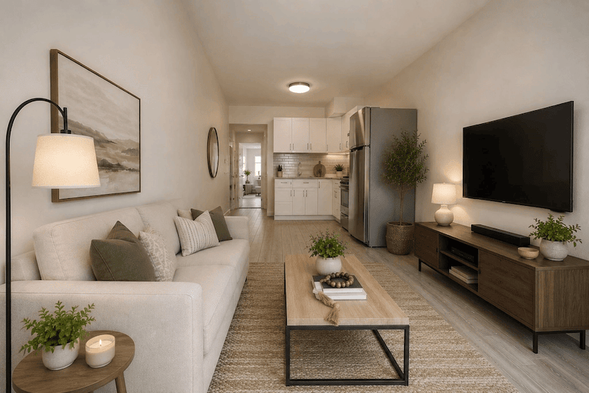 Astoria one bedroom with large living room in July of 2026