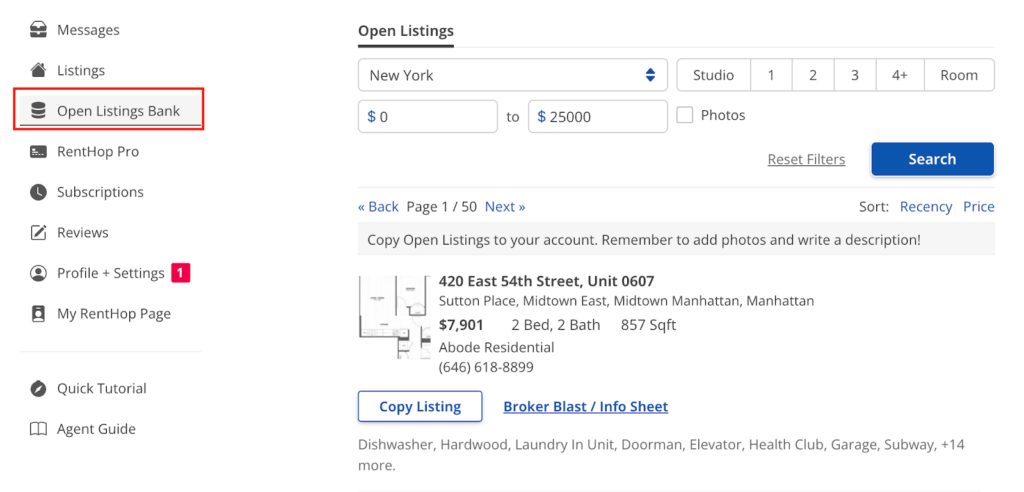 Open listings bank location on RentHop account