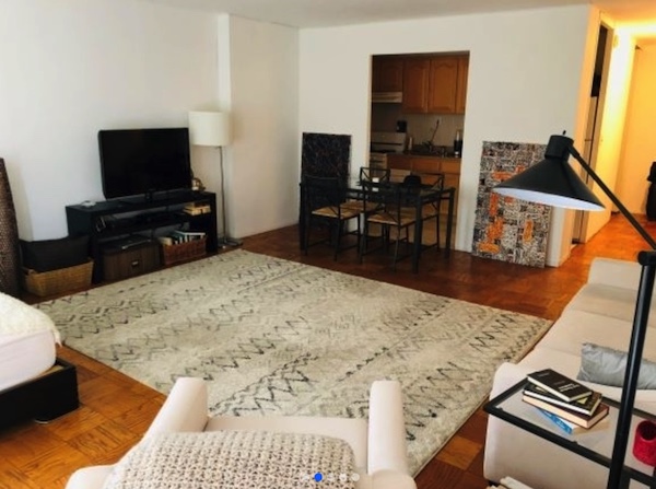 apartment listing photo of living room with coffee table, tv, rug.