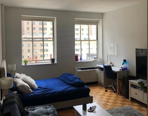apartment listing photo of studio apartment with bed, living room couch, tv area, and windows