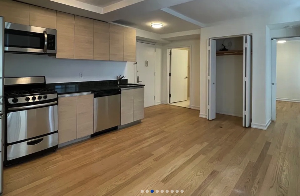apartment photo of kitchen and empty living room with closet space