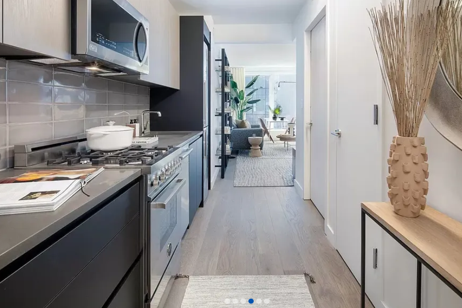 apartment listing photo of kitchen in the hallway and living room in the background