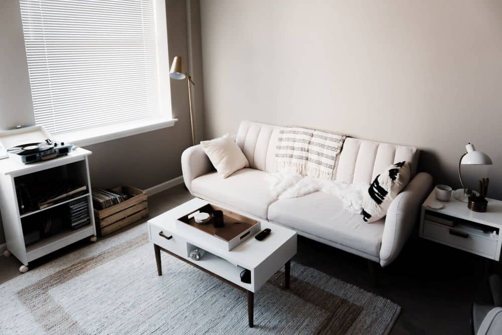 Apartment interior with couch, coffee table, and rug