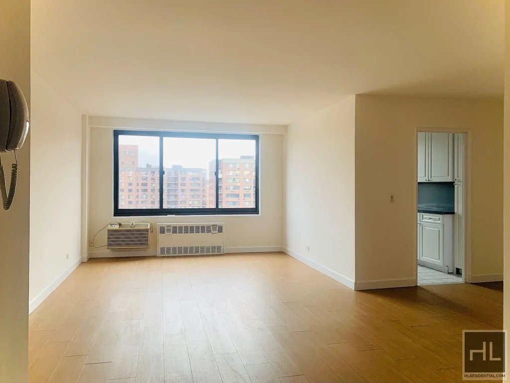 Bright living room with separate kitchen