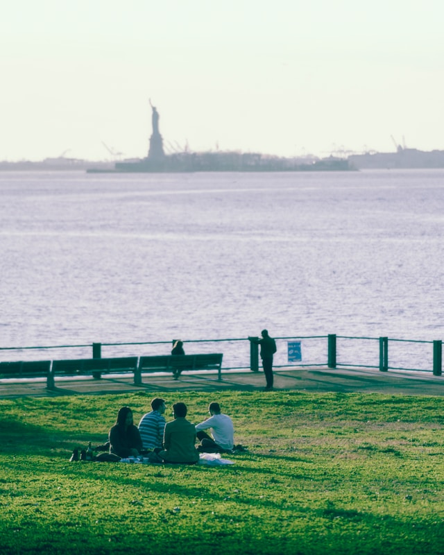 Roommates looking at the Statue of Liberty
