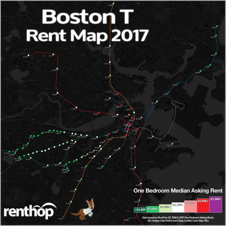 Boston Median Rent by T Stop 2017