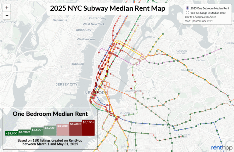 Static image of a map showing the median one-bedroom rents in New York City.